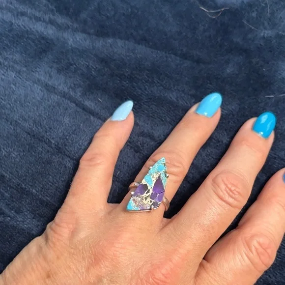 Elegant Purple and Blue Turquoise Sterling Silver Statement Adjustable Ring - Picture 2 of 6